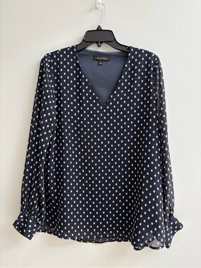 Banana Republic Navy Polka Dot V-Neck Long Sleeve Blouse